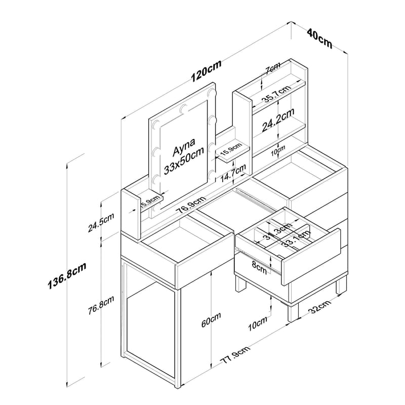 Meikkipöytä Wallxpert Hyla BJ141 (120 x 136,8 x 40 cm) valkoinen - Valkoinen - Huonekalut - Pöytä & ruokailuryhmä - Meikki- & kampauspöydät - Meikkipöytä valolla