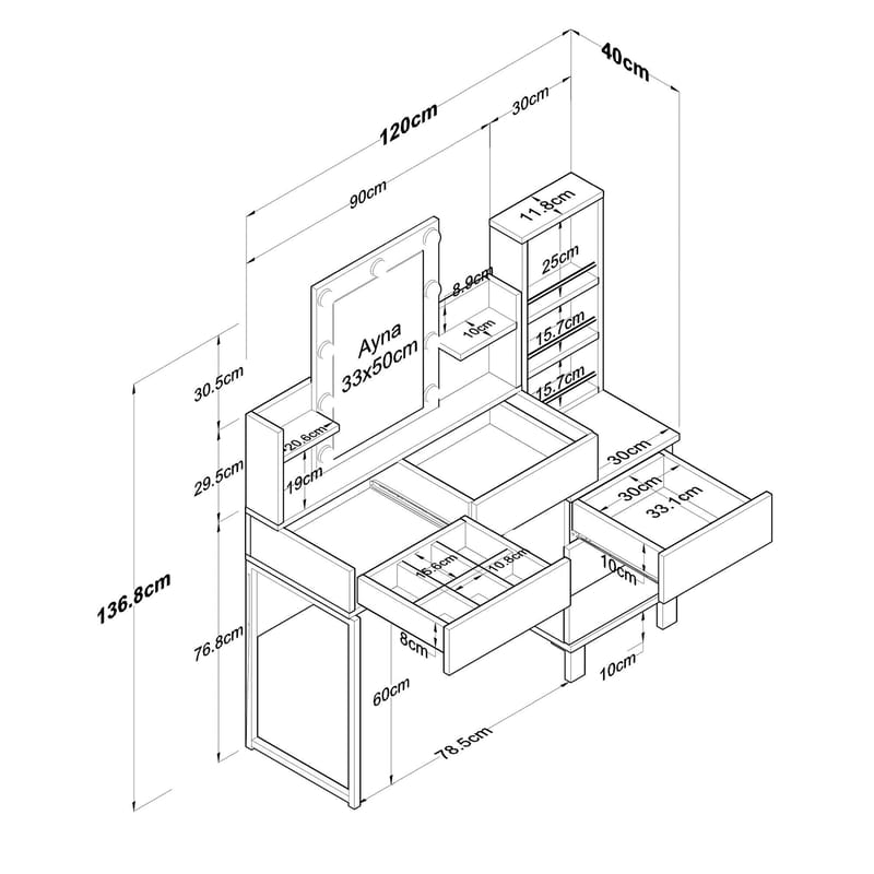 Meikkipöytä Wallxpert Hyla BJ153 (120 x 136,8 x 40 cm) valkoinen - Valkoinen - Huonekalut - Pöytä & ruokailuryhmä - Meikki- & kampauspöydät - Meikkipöytä valolla