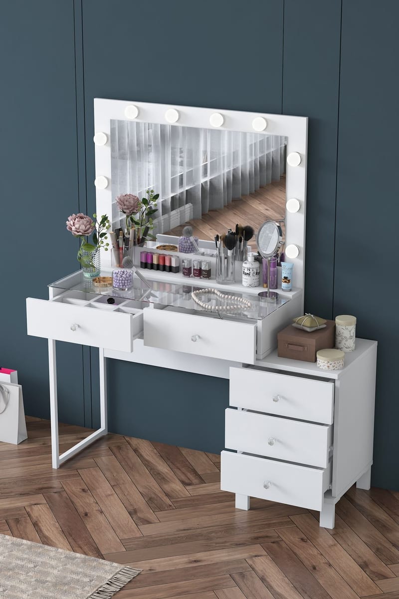 Meikkipöytä Wallxpert Isla Shelf BJ150 (120 x 141,8 x 40 cm) Valkoinen - Valkoinen - Huonekalut - Pöytä & ruokailuryhmä - Meikki- & kampauspöydät - Meikkipöytä valolla
