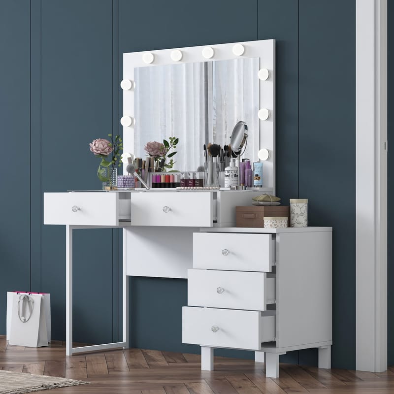 Meikkipöytä Wallxpert Isla Shelf BJ150 (120 x 141,8 x 40 cm) Valkoinen - Valkoinen - Huonekalut - Pöytä & ruokailuryhmä - Meikki- & kampauspöydät - Meikkipöytä valolla