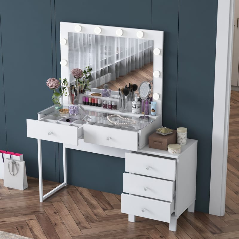 Meikkipöytä Wallxpert Isla Shelf BJ150 (120 x 141,8 x 40 cm) Valkoinen - Valkoinen - Huonekalut - Pöytä & ruokailuryhmä - Meikki- & kampauspöydät - Meikkipöytä valolla
