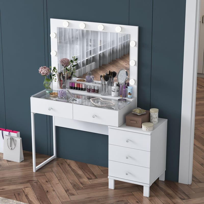 Meikkipöytä Wallxpert Isla Shelf BJ150 (120 x 141,8 x 40 cm) Valkoinen - Valkoinen - Huonekalut - Pöytä & ruokailuryhmä - Meikki- & kampauspöydät - Meikkipöytä valolla