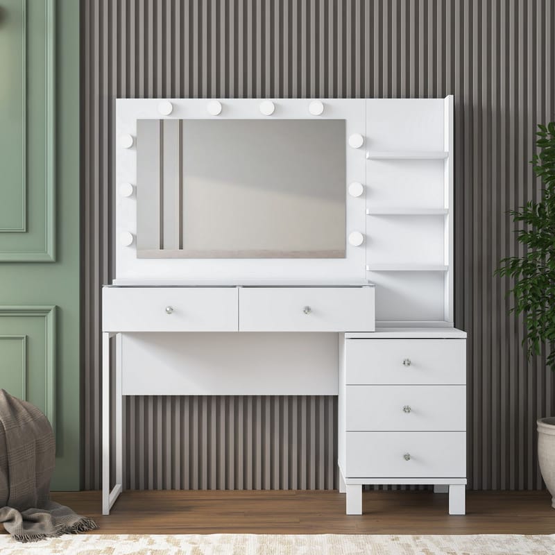Meikkipöytä Wallxpert Isla Shelf BJ194 (120 x 141,8 x 40 cm) valkoinen - Valkoinen - Huonekalut - Pöytä & ruokailuryhmä - Meikki- & kampauspöydät - Meikkipöytä valolla