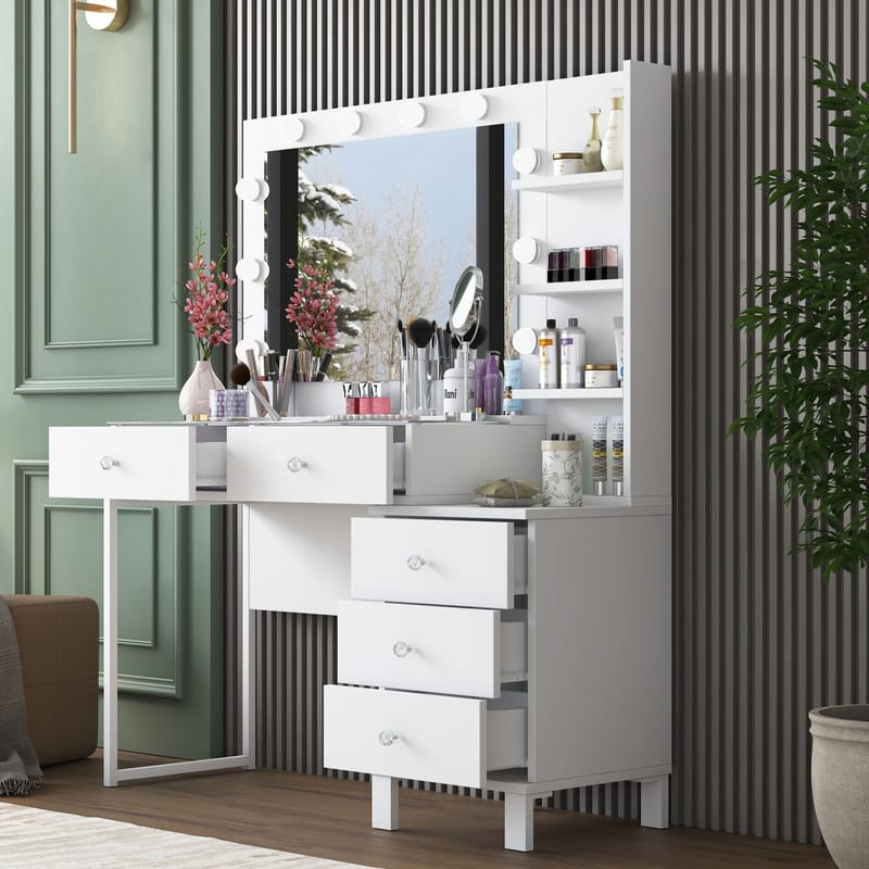 Meikkipöytä Wallxpert Isla Shelf BJ194 (120 x 141,8 x 40 cm) valkoinen - Valkoinen - Huonekalut - Pöytä & ruokailuryhmä - Meikki- & kampauspöydät - Meikkipöytä valolla