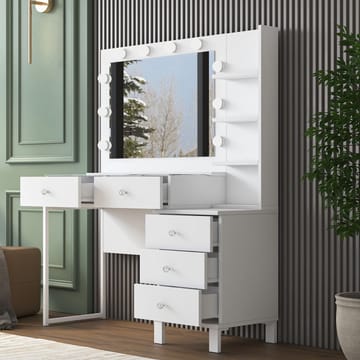Meikkipöytä Wallxpert Isla Shelf BJ194 (120 x 141,8 x 40 cm) valkoinen - Valkoinen - Huonekalut - Pöytä & ruokailuryhmä - Meikki- & kampauspöydät - Meikkipöytä valolla
