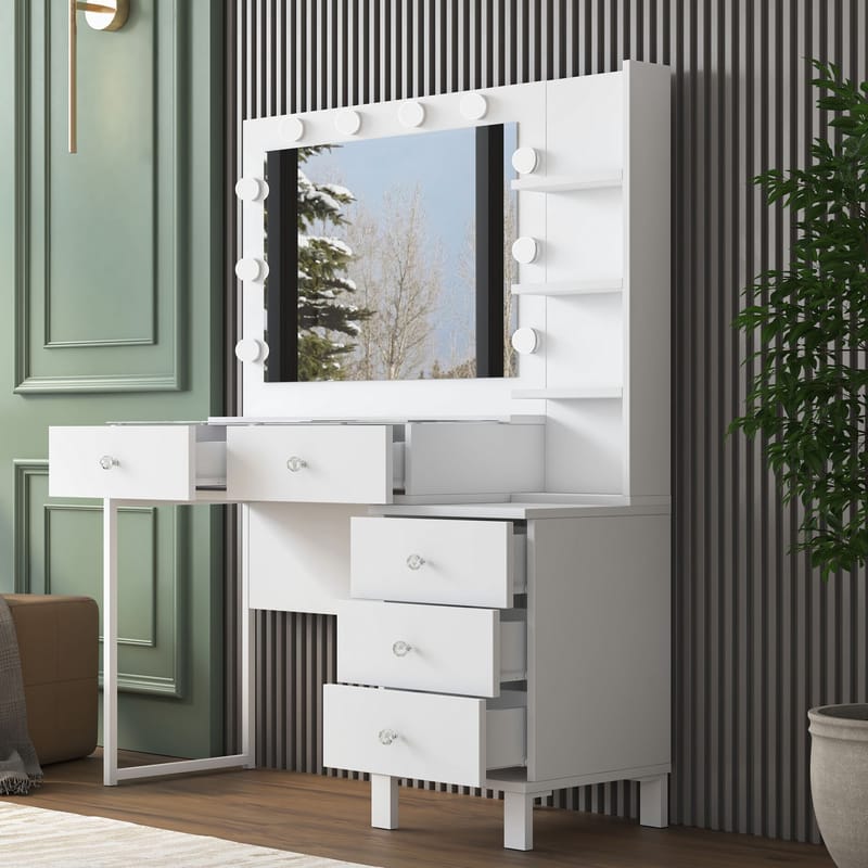 Meikkipöytä Wallxpert Isla Shelf BJ194 (120 x 141,8 x 40 cm) valkoinen - Valkoinen - Huonekalut - Pöytä & ruokailuryhmä - Meikki- & kampauspöydät - Meikkipöytä valolla