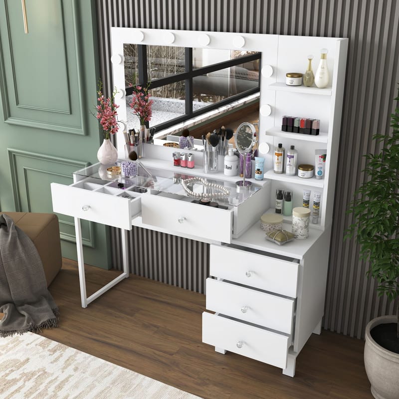 Meikkipöytä Wallxpert Isla Shelf BJ194 (120 x 141,8 x 40 cm) valkoinen - Valkoinen - Huonekalut - Pöytä & ruokailuryhmä - Meikki- & kampauspöydät - Meikkipöytä valolla