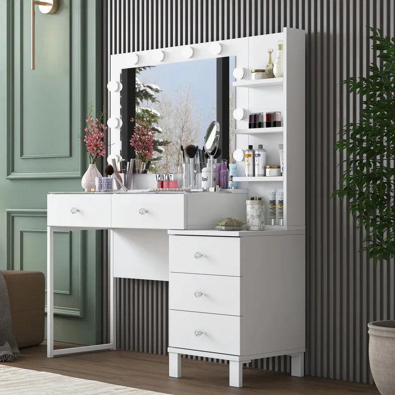 Meikkipöytä Wallxpert Isla Shelf BJ194 (120 x 141,8 x 40 cm) valkoinen - Valkoinen - Huonekalut - Pöytä & ruokailuryhmä - Meikki- & kampauspöydät - Meikkipöytä valolla