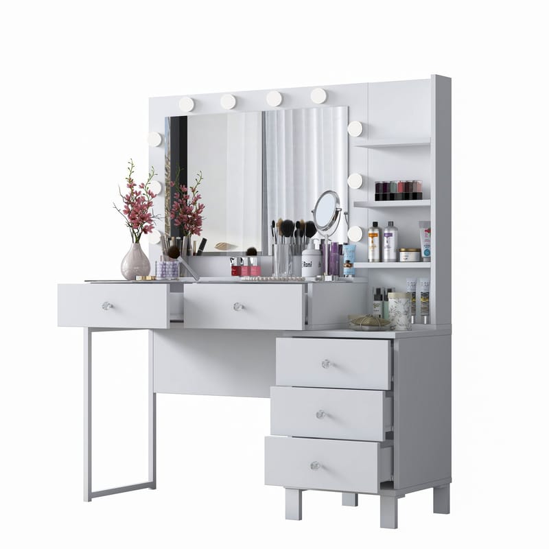 Meikkipöytä Wallxpert Isla Shelf BJ194 (120 x 141,8 x 40 cm) valkoinen - Valkoinen - Huonekalut - Pöytä & ruokailuryhmä - Meikki- & kampauspöydät - Meikkipöytä valolla