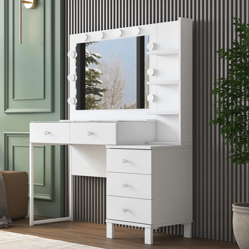 Meikkipöytä Wallxpert Isla Shelf BJ194 (120 x 141,8 x 40 cm) valkoinen - Valkoinen - Huonekalut - Pöytä & ruokailuryhmä - Meikki- & kampauspöydät - Meikkipöytä valolla