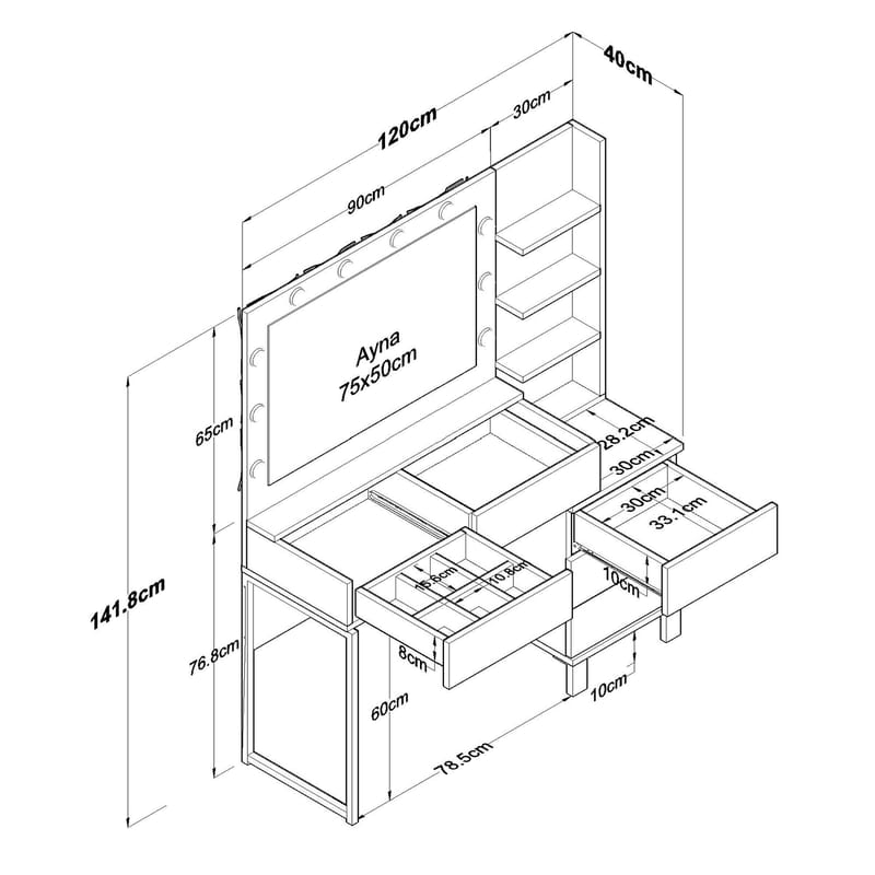 Meikkipöytä Wallxpert Isla Shelf BJ194 (120 x 141,8 x 40 cm) valkoinen - Valkoinen - Huonekalut - Pöytä & ruokailuryhmä - Meikki- & kampauspöydät - Meikkipöytä valolla