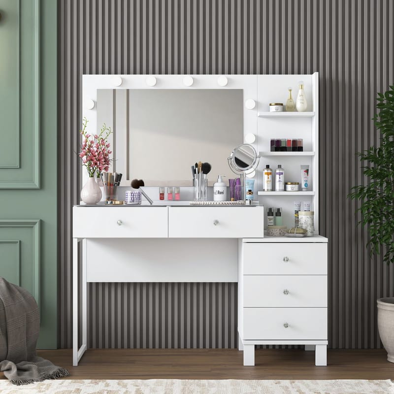 Meikkipöytä Wallxpert Isla Shelf BJ194 (120 x 141,8 x 40 cm) valkoinen - Valkoinen - Huonekalut - Pöytä & ruokailuryhmä - Meikki- & kampauspöydät - Meikkipöytä valolla