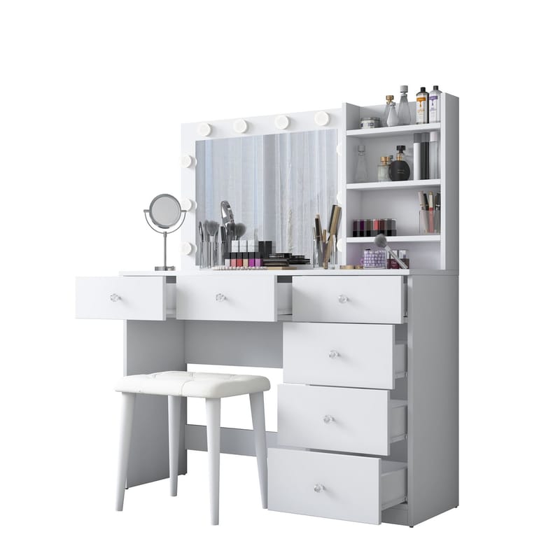 Meikkipöytä Wallxpert Isla Shelf rahilla (120 x 141,8 x 40 cm) valkoinen - Valkoinen - Huonekalut - Pöytä & ruokailuryhmä - Meikki- & kampauspöydät - Meikkipöytä valolla