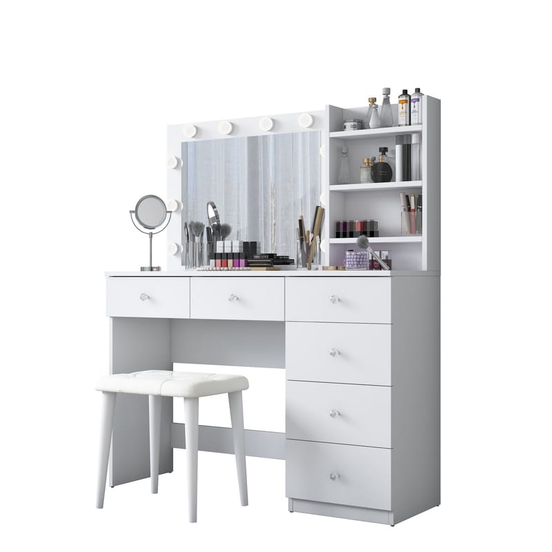Meikkipöytä Wallxpert Isla Shelf rahilla (120 x 141,8 x 40 cm) valkoinen - Valkoinen - Huonekalut - Pöytä & ruokailuryhmä - Meikki- & kampauspöydät - Meikkipöytä valolla