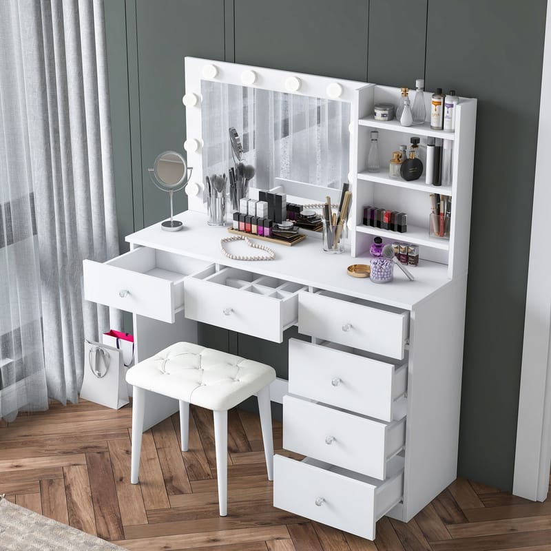 Meikkipöytä Wallxpert Isla Shelf rahilla (120 x 141,8 x 40 cm) valkoinen - Valkoinen - Huonekalut - Pöytä & ruokailuryhmä - Meikki- & kampauspöydät - Meikkipöytä valolla