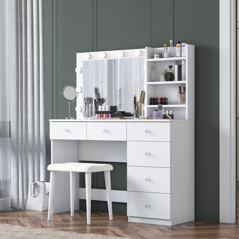 Meikkipöytä Wallxpert Isla Shelf rahilla (120 x 141,8 x 40 cm) valkoinen - Valkoinen - Huonekalut - Pöytä & ruokailuryhmä - Meikki- & kampauspöydät - Meikkipöytä valolla