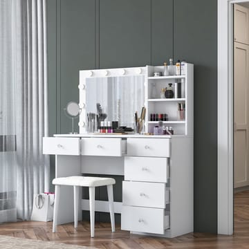 Meikkipöytä Wallxpert Isla Shelf rahilla (120 x 141,8 x 40 cm) valkoinen - Valkoinen - Huonekalut - Pöytä & ruokailuryhmä - Meikki- & kampauspöydät - Meikkipöytä valolla
