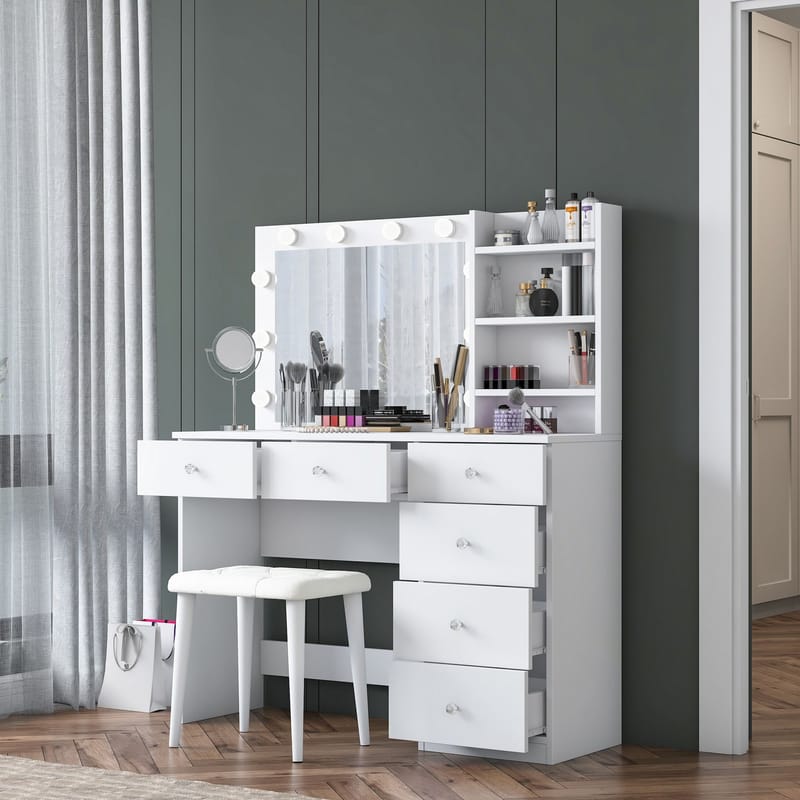 Meikkipöytä Wallxpert Isla Shelf rahilla (120 x 141,8 x 40 cm) valkoinen - Valkoinen - Huonekalut - Pöytä & ruokailuryhmä - Meikki- & kampauspöydät - Meikkipöytä valolla
