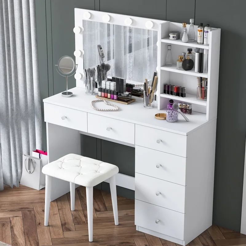 Meikkipöytä Wallxpert Isla Shelf rahilla (120 x 141,8 x 40 cm) valkoinen - Valkoinen - Huonekalut - Pöytä & ruokailuryhmä - Meikki- & kampauspöydät - Meikkipöytä valolla