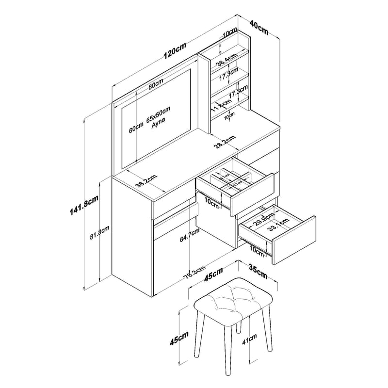 Meikkipöytä Wallxpert Isla Shelf rahilla (120 x 141,8 x 40 cm) valkoinen - Valkoinen - Huonekalut - Pöytä & ruokailuryhmä - Meikki- & kampauspöydät - Meikkipöytä valolla