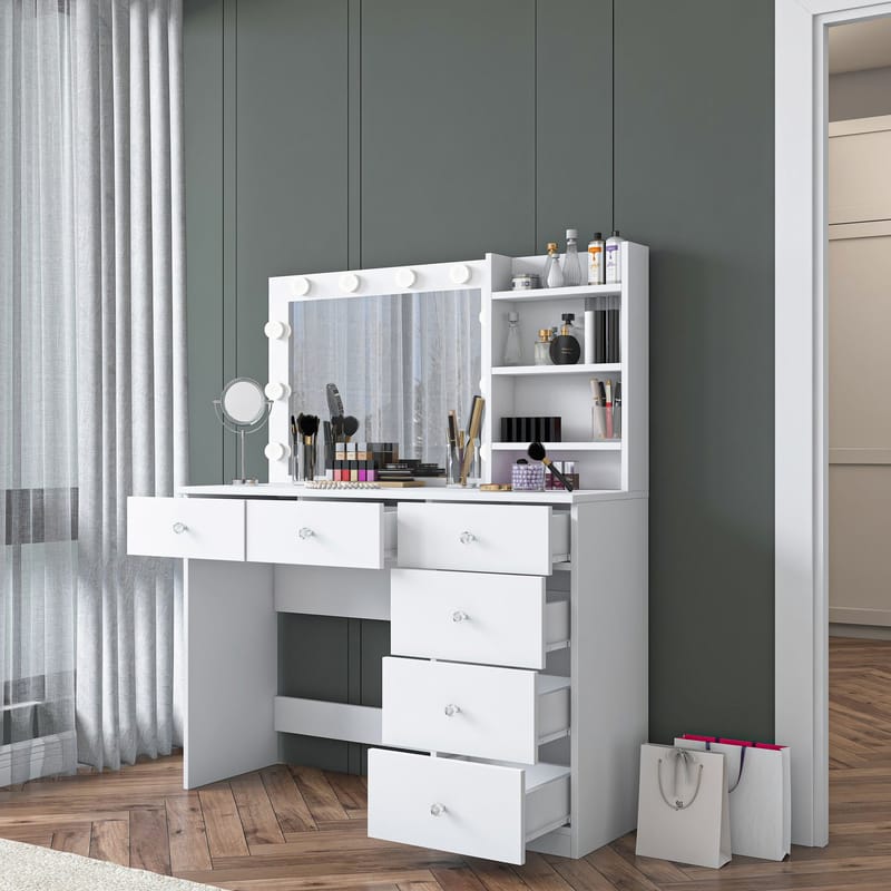 Meikkipöytä Wallxpert Juna BJ127 (110 x 141,8 x 40 cm) valkoinen - Valkoinen - Huonekalut - Pöytä & ruokailuryhmä - Meikki- & kampauspöydät - Meikkipöytä valolla