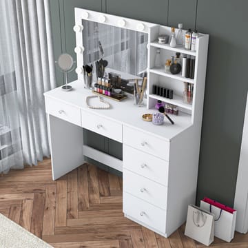 Meikkipöytä Wallxpert Juna BJ127 (110 x 141,8 x 40 cm) valkoinen - Valkoinen - Huonekalut - Pöytä & ruokailuryhmä - Meikki- & kampauspöydät - Meikkipöytä valolla