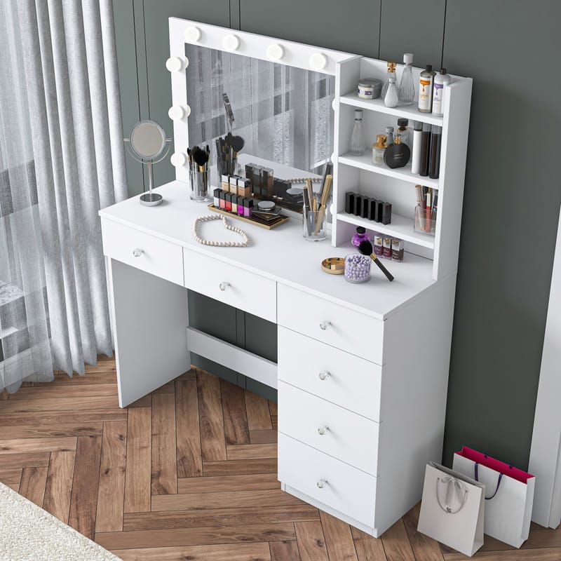Meikkipöytä Wallxpert Juna BJ127 (110 x 141,8 x 40 cm) valkoinen - Valkoinen - Huonekalut - Pöytä & ruokailuryhmä - Meikki- & kampauspöydät - Meikkipöytä valolla