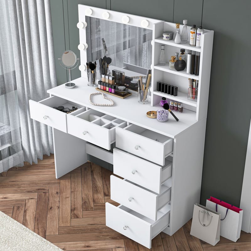 Meikkipöytä Wallxpert Juna BJ127 (110 x 141,8 x 40 cm) valkoinen - Valkoinen - Huonekalut - Pöytä & ruokailuryhmä - Meikki- & kampauspöydät - Meikkipöytä valolla