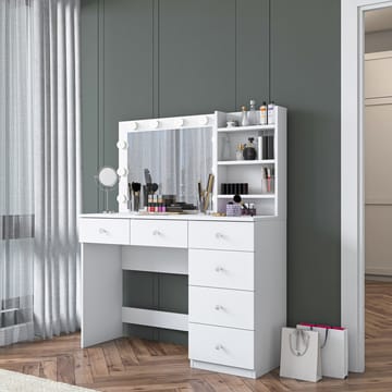 Meikkipöytä Wallxpert Juna BJ127 (110 x 141,8 x 40 cm) valkoinen - Valkoinen - Huonekalut - Pöytä & ruokailuryhmä - Meikki- & kampauspöydät - Meikkipöytä valolla