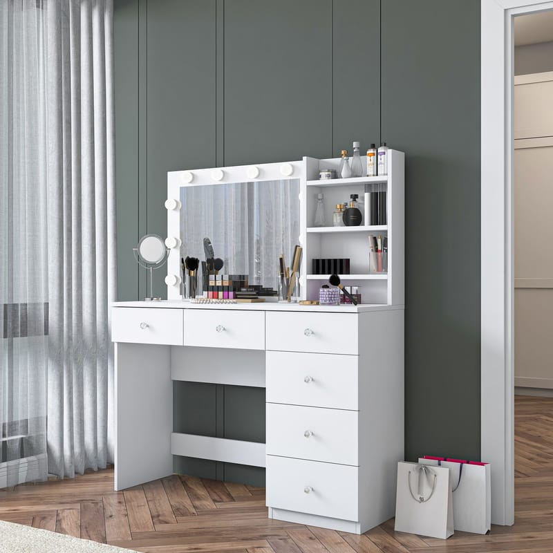 Meikkipöytä Wallxpert Juna BJ127 (110 x 141,8 x 40 cm) valkoinen - Valkoinen - Huonekalut - Pöytä & ruokailuryhmä - Meikki- & kampauspöydät - Meikkipöytä valolla