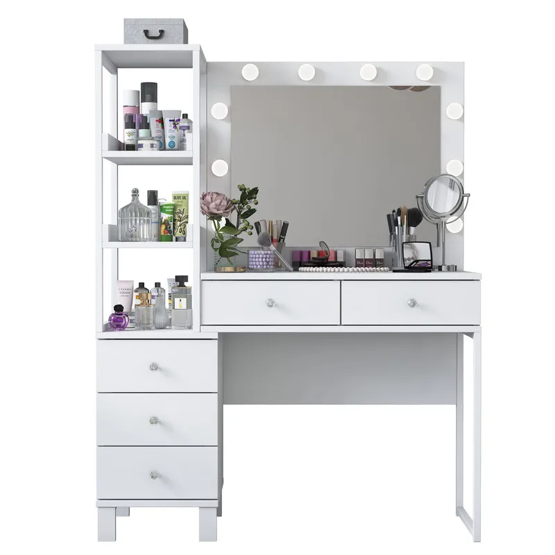 Meikkipöytä Wallxpert Juna BJ128 (110 x 141,8 x 40 cm) Valkoinen - Valkoinen - Huonekalut - Pöytä & ruokailuryhmä - Meikki- & kampauspöydät - Meikkipöytä valolla