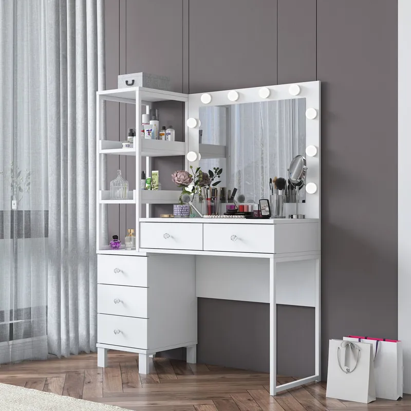 Meikkipöytä Wallxpert Juna BJ128 (110 x 141,8 x 40 cm) Valkoinen - Valkoinen - Huonekalut - Pöytä & ruokailuryhmä - Meikki- & kampauspöydät - Meikkipöytä valolla