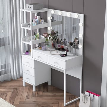 Meikkipöytä Wallxpert Juna BJ128 (110 x 141,8 x 40 cm) Valkoinen - Valkoinen - Huonekalut - Pöytä & ruokailuryhmä - Meikki- & kampauspöydät - Meikkipöytä valolla
