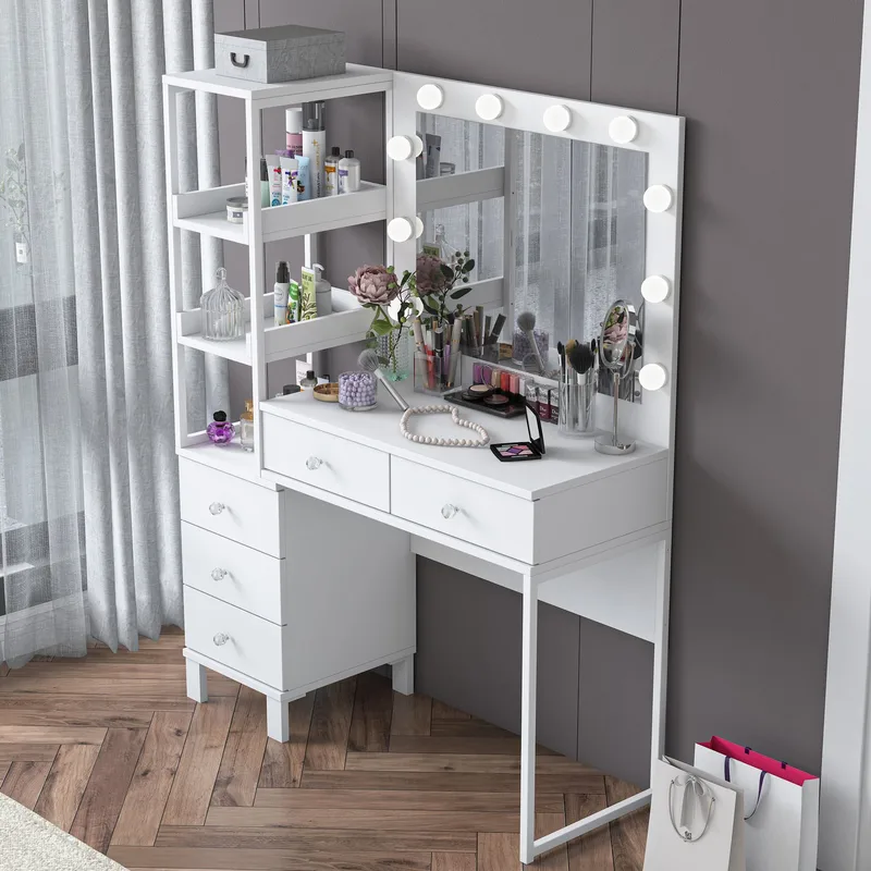 Meikkipöytä Wallxpert Juna BJ128 (110 x 141,8 x 40 cm) Valkoinen - Valkoinen - Huonekalut - Pöytä & ruokailuryhmä - Meikki- & kampauspöydät - Meikkipöytä valolla