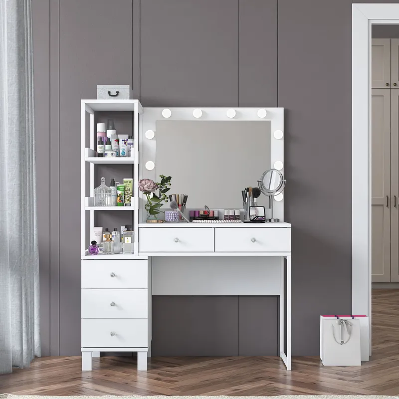 Meikkipöytä Wallxpert Juna BJ128 (110 x 141,8 x 40 cm) Valkoinen - Valkoinen - Huonekalut - Pöytä & ruokailuryhmä - Meikki- & kampauspöydät - Meikkipöytä valolla