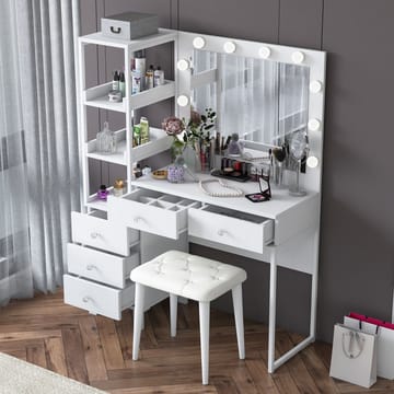Meikkipöytä Wallxpert Kira-hylly BJ155 (120 x 79,8 x 44,5 cm) valkoinen - Valkoinen - Huonekalut - Pöytä & ruokailuryhmä - Meikki- & kampauspöydät - Meikkipöytä valolla
