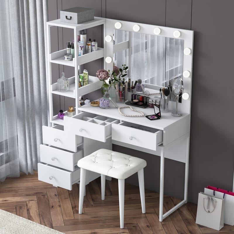 Meikkipöytä Wallxpert Kira-hylly BJ155 (120 x 79,8 x 44,5 cm) valkoinen - Valkoinen - Huonekalut - Pöytä & ruokailuryhmä - Meikki- & kampauspöydät - Meikkipöytä valolla