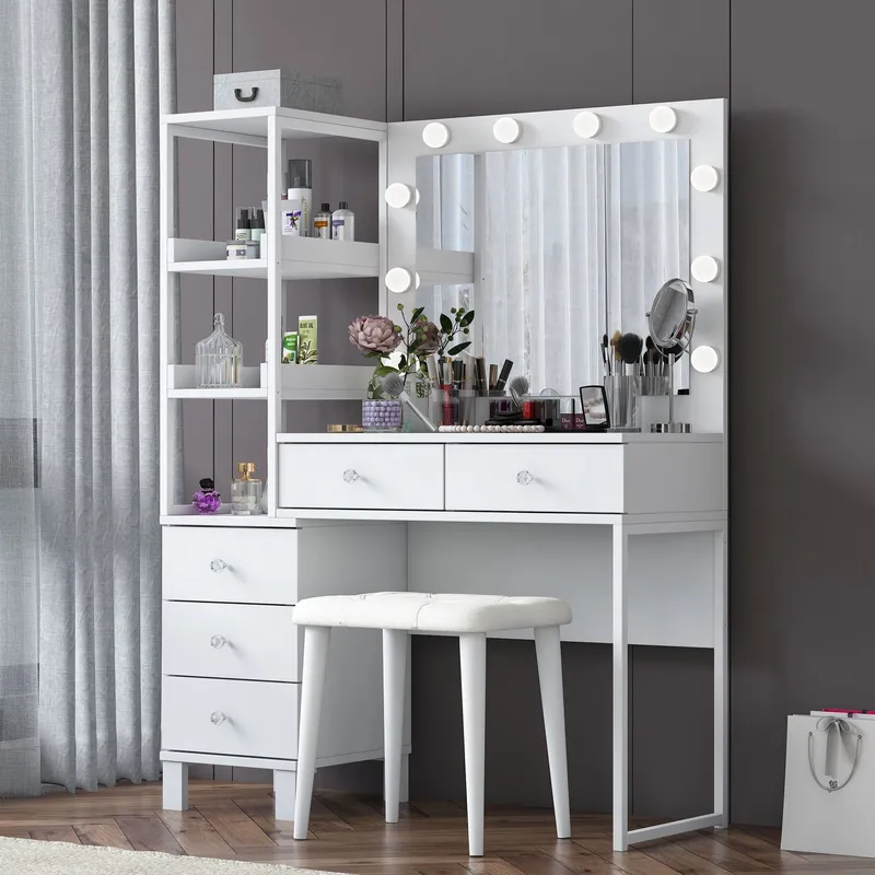 Meikkipöytä Wallxpert Kira-hylly BJ155 (120 x 79,8 x 44,5 cm) valkoinen - Valkoinen - Huonekalut - Pöytä & ruokailuryhmä - Meikki- & kampauspöydät - Meikkipöytä valolla