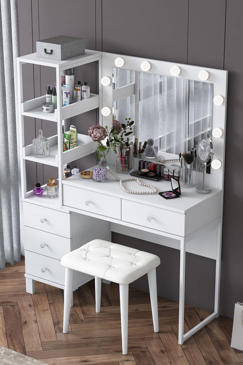 Meikkipöytä Wallxpert Kira-hylly BJ155 (120 x 79,8 x 44,5 cm) valkoinen - Valkoinen - Huonekalut - Pöytä & ruokailuryhmä - Meikki- & kampauspöydät - Meikkipöytä valolla