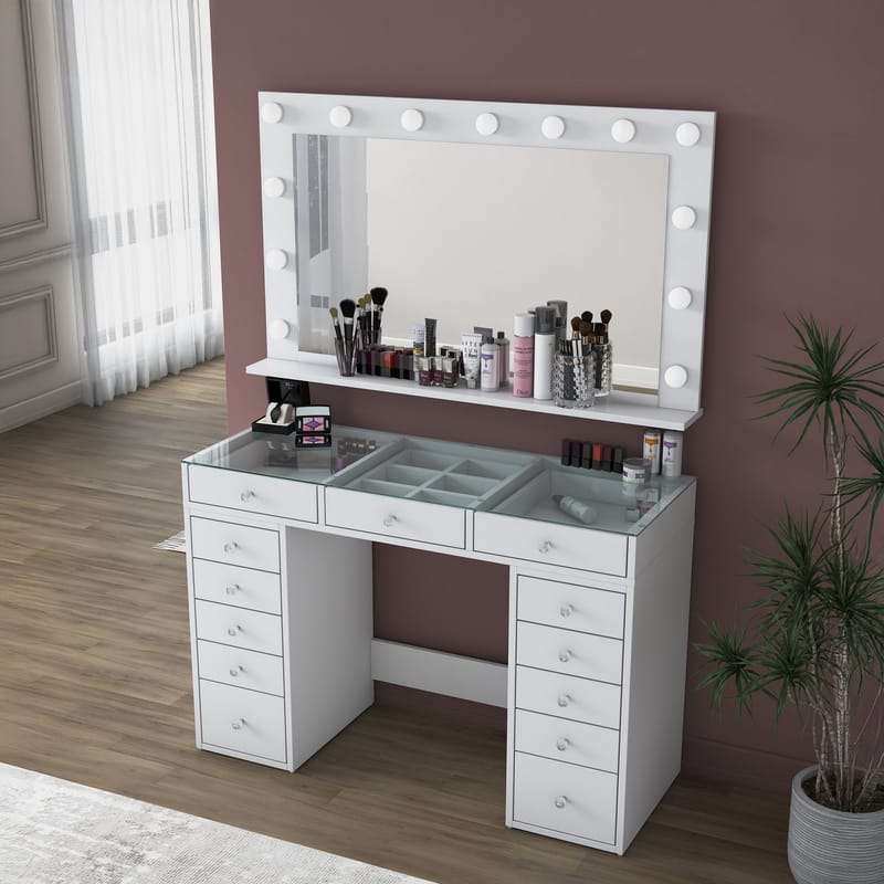 Meikkipöytä Wallxpert Kira-hylly BJ195 (120 x 79,8 x 44,5 cm) valkoinen - Valkoinen - Huonekalut - Pöytä & ruokailuryhmä - Meikki- & kampauspöydät - Meikkipöytä valolla