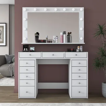 Meikkipöytä Wallxpert Kira-hylly BJ195 (120 x 79,8 x 44,5 cm) valkoinen - Valkoinen - Huonekalut - Pöytä & ruokailuryhmä - Meikki- & kampauspöydät - Meikkipöytä valolla