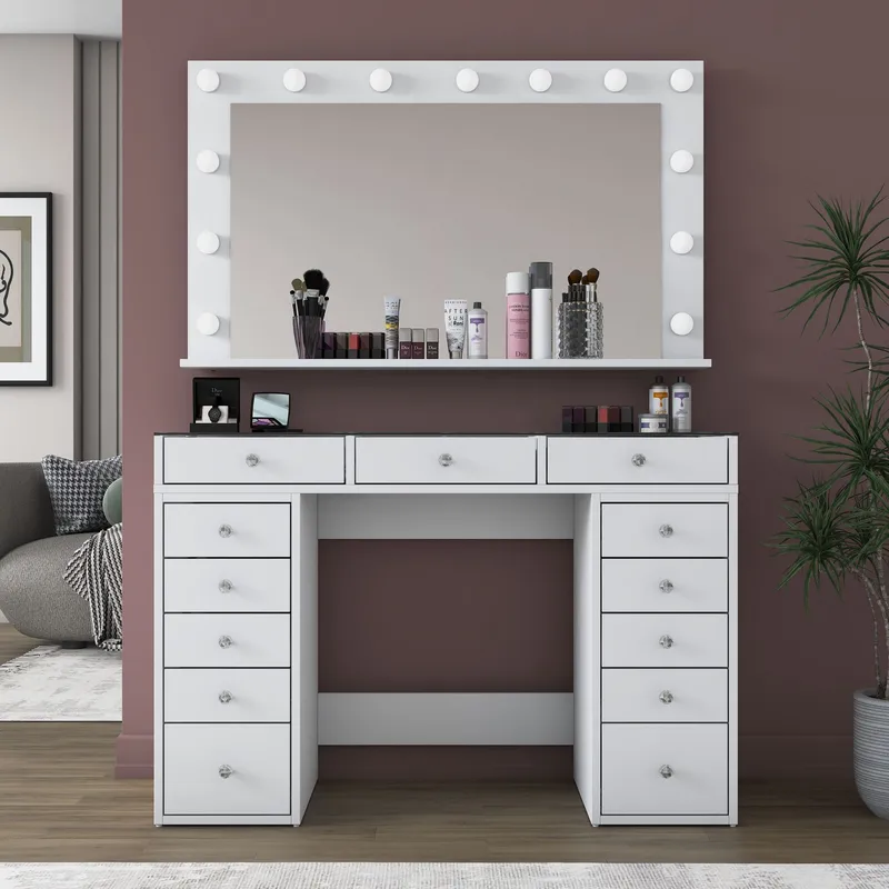Meikkipöytä Wallxpert Kira-hylly BJ195 (120 x 79,8 x 44,5 cm) valkoinen - Valkoinen - Huonekalut - Pöytä & ruokailuryhmä - Meikki- & kampauspöydät - Meikkipöytä valolla