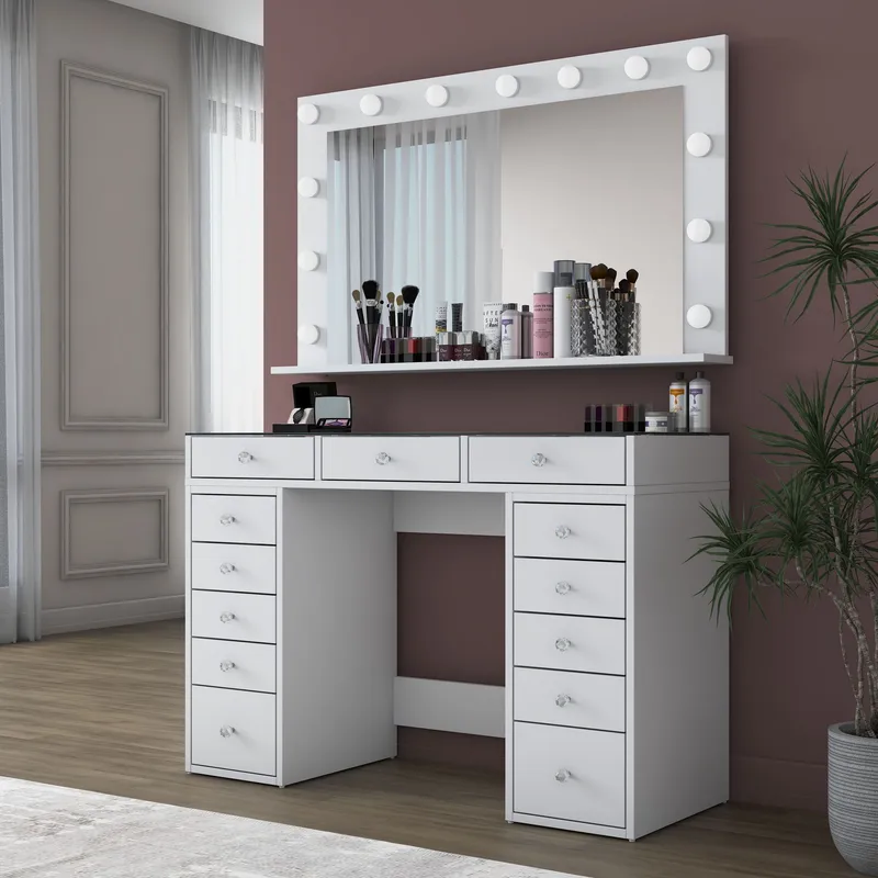 Meikkipöytä Wallxpert Kira-hylly BJ195 (120 x 79,8 x 44,5 cm) valkoinen - Valkoinen - Huonekalut - Pöytä & ruokailuryhmä - Meikki- & kampauspöydät - Meikkipöytä valolla