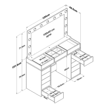 Meikkipöytä Wallxpert Kira Shelf BJ197 (120 x 79,8 x 44,5 cm) Valkoinen - Valkoinen - Huonekalut - Pöytä & ruokailuryhmä - Meikki- & kampauspöydät - Meikkipöytä valolla