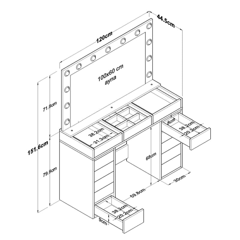 Meikkipöytä Wallxpert Kira Shelf BJ197 (120 x 79,8 x 44,5 cm) Valkoinen - Valkoinen - Huonekalut - Pöytä & ruokailuryhmä - Meikki- & kampauspöydät - Meikkipöytä valolla