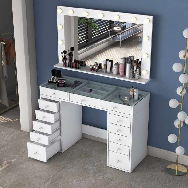 Meikkipöytä Wallxpert Kira Shelf BJ197 (120 x 79,8 x 44,5 cm) Valkoinen - Valkoinen - Huonekalut - Pöytä & ruokailuryhmä - Meikki- & kampauspöydät - Meikkipöytä valolla