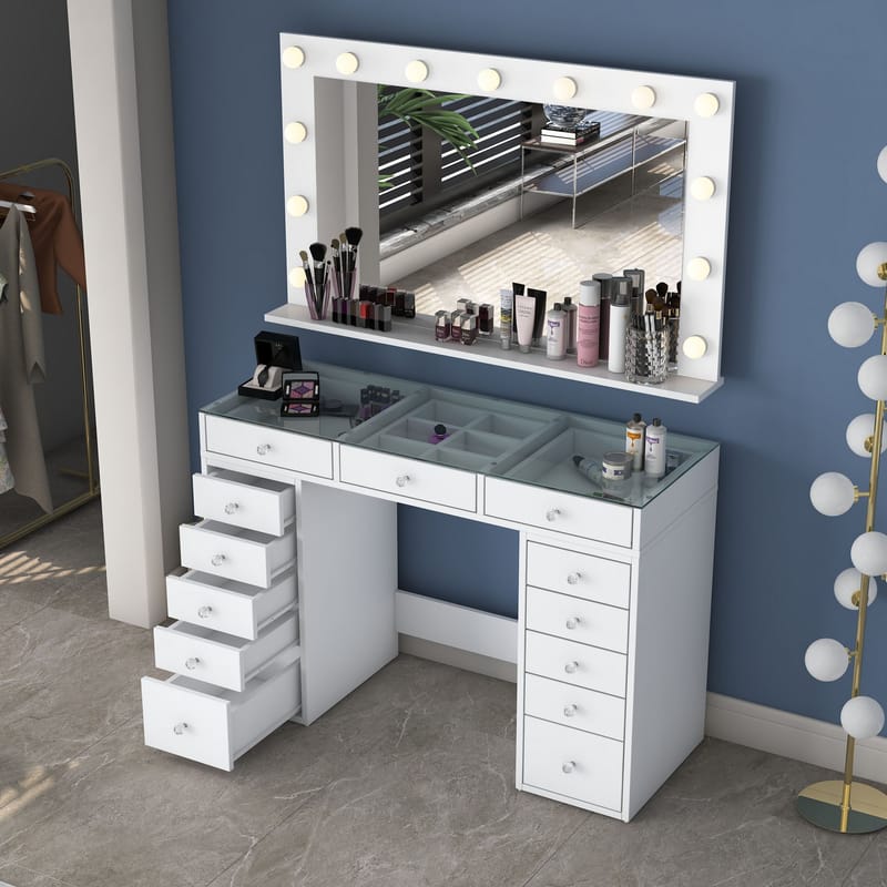 Meikkipöytä Wallxpert Kira Shelf BJ197 (120 x 79,8 x 44,5 cm) Valkoinen - Valkoinen - Huonekalut - Pöytä & ruokailuryhmä - Meikki- & kampauspöydät - Meikkipöytä valolla