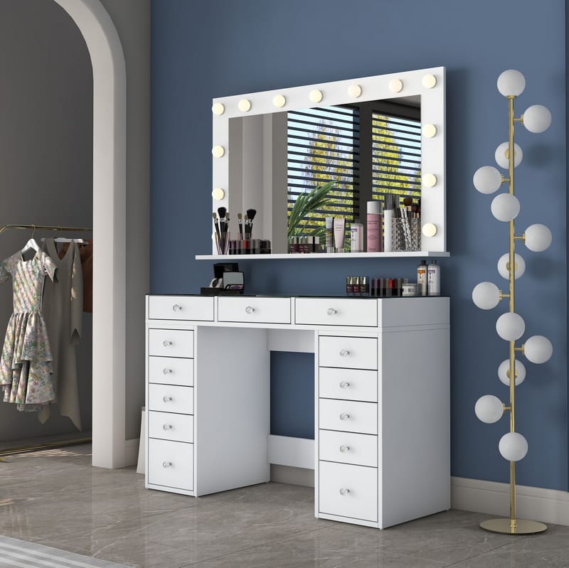 Meikkipöytä Wallxpert Kira Shelf BJ197 (120 x 79,8 x 44,5 cm) Valkoinen - Valkoinen - Huonekalut - Pöytä & ruokailuryhmä - Meikki- & kampauspöydät - Meikkipöytä valolla