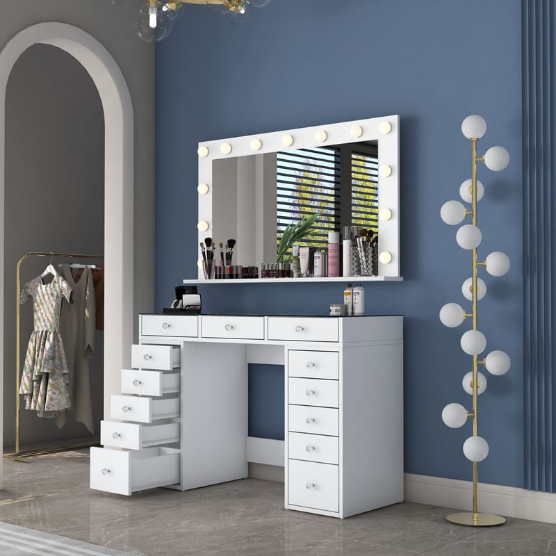 Meikkipöytä Wallxpert Kira Shelf BJ197 (120 x 79,8 x 44,5 cm) Valkoinen - Valkoinen - Huonekalut - Pöytä & ruokailuryhmä - Meikki- & kampauspöydät - Meikkipöytä valolla