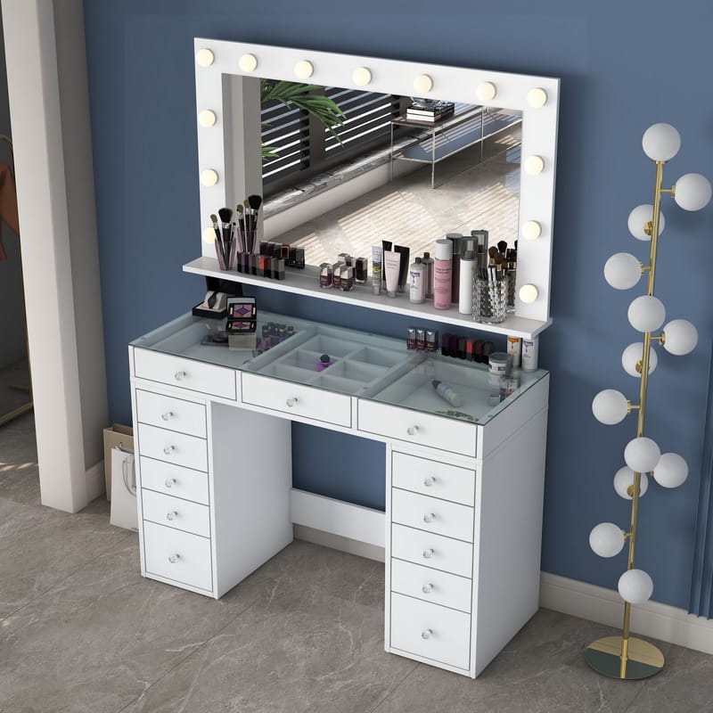 Meikkipöytä Wallxpert Kira Shelf BJ197 (120 x 79,8 x 44,5 cm) Valkoinen - Valkoinen - Huonekalut - Pöytä & ruokailuryhmä - Meikki- & kampauspöydät - Meikkipöytä valolla
